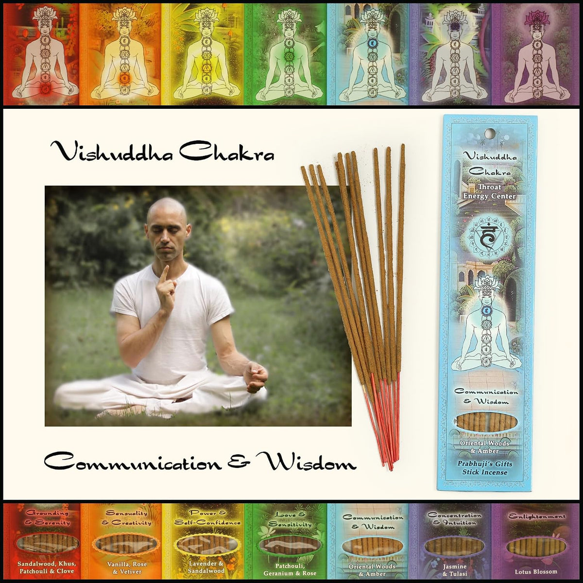Prabhuji’s Gifts - Divine Chakra Incense Sticks - Vishuddha Throat Energy - Handmade Herbal Indian Incense - Agarbatti for Meditation & Cleansing - Ether Element, Communication & Wisdom (10 Pack)