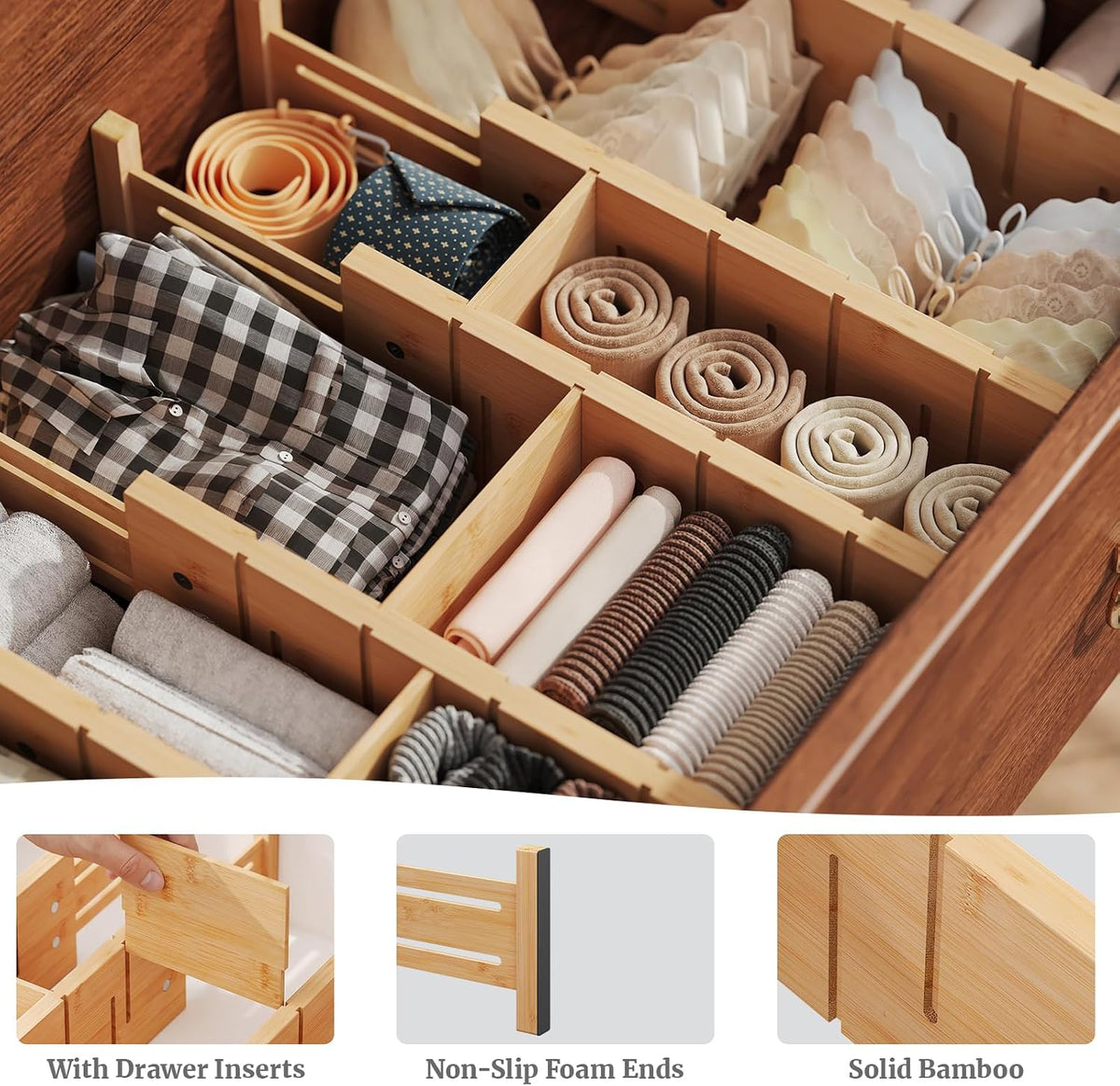 Bamboo Drawer Dividers 4 Pack, Adjustable 13.7-18.8in Dresser Organizer