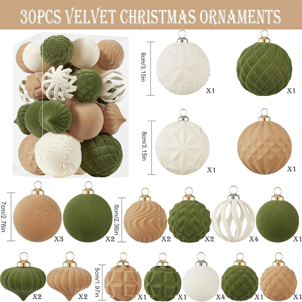 30pcs Velvet Christmas Ball Ornaments, Flocked Shatterproof Christmas Ornaments Hanging Xmas Tree Decorations Set for Home Party Holiday Decor (Multi-Size, Brown-Green-Cream)