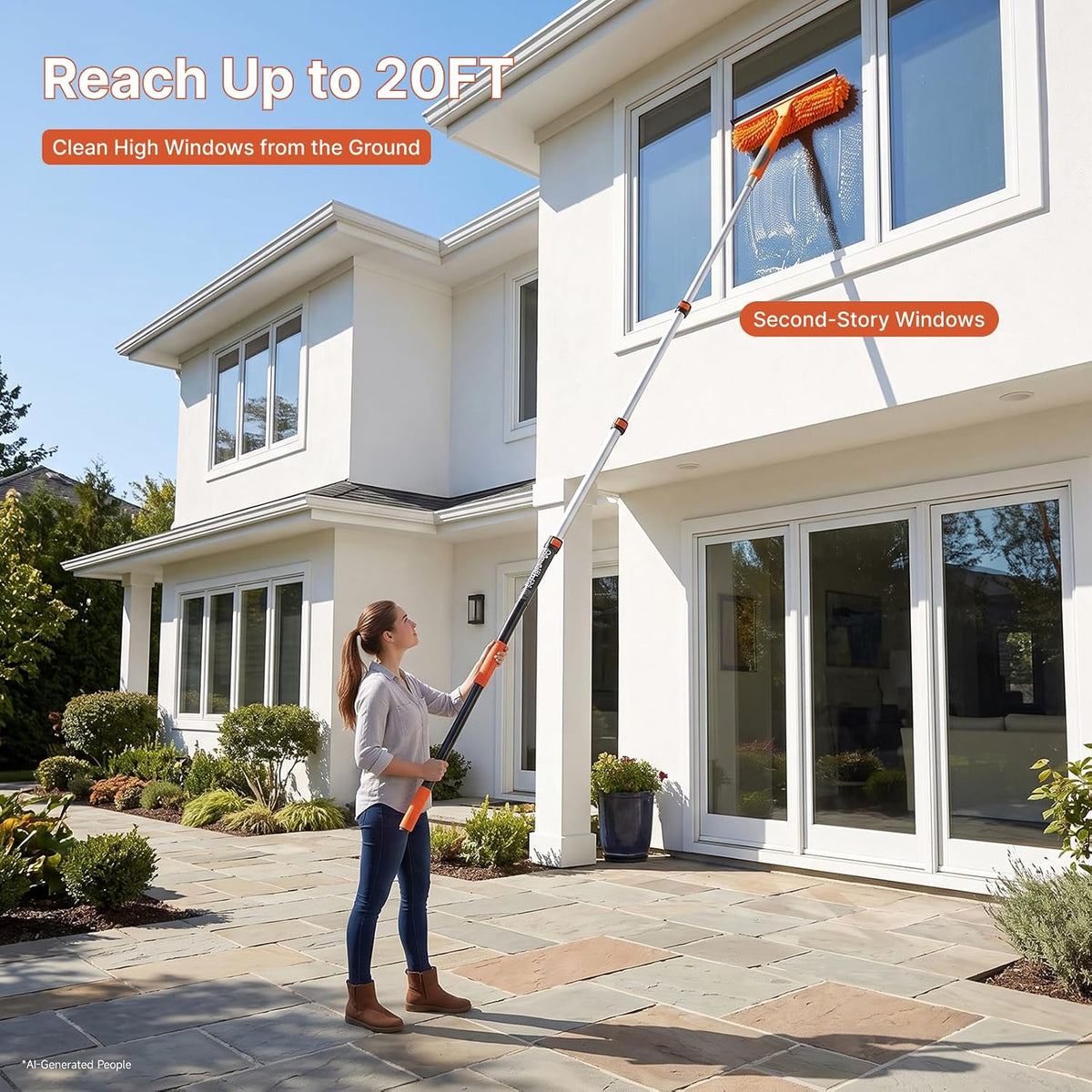 20FT High Reach Window Washer & Squeegee with 4-12FT Grooved Extension Pole