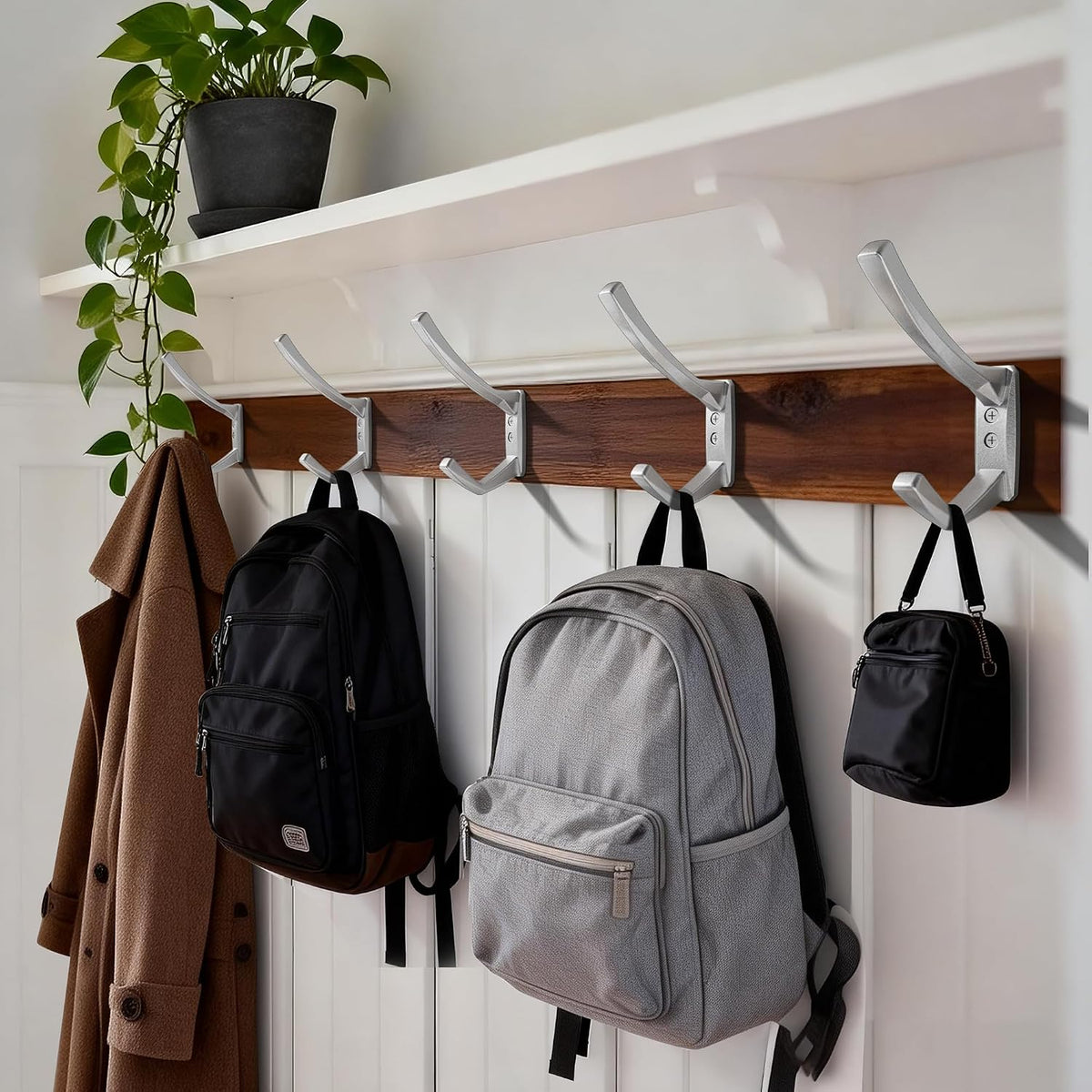 Heavy Duty Wall Hooks, 5 Inch Large Wall Mount Hooks for Hanging Heavy Backpacks, School Bags, Winter Coat, Handbags, Purses in Entryway, Hallway, Garage, Bathroom, Laundry (6, Silver)