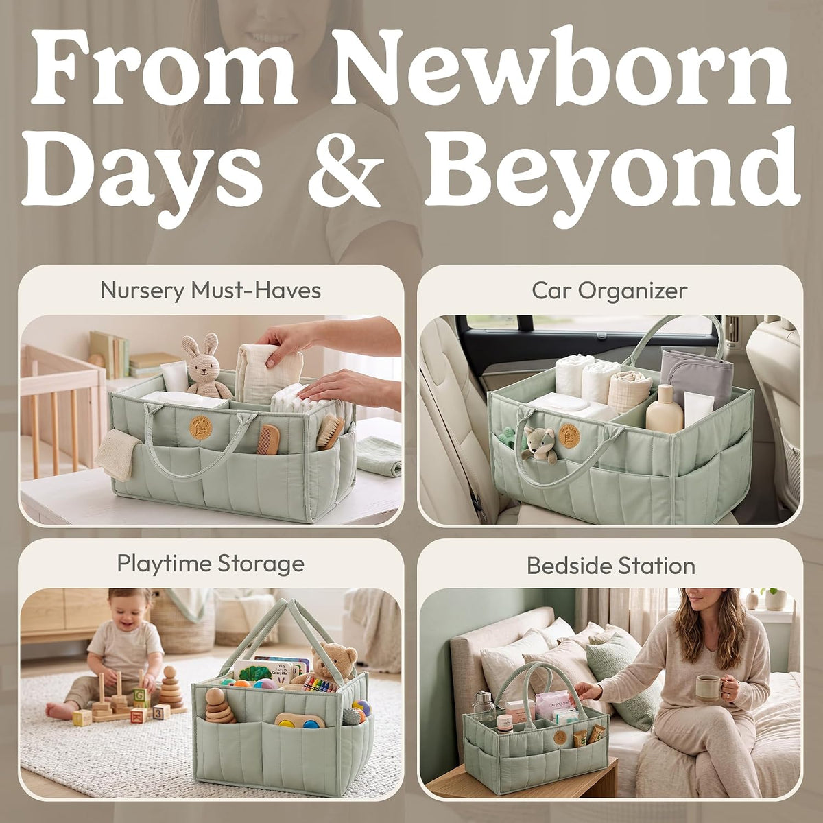 Baby Diaper Caddy Organizer - Portable Diaper Caddy with Handles & Removable Dividers - Large & Quilted Nursery Storage Basket - Changing Table Bag for Car - Baby Shower & Registry Gift - Sage Green