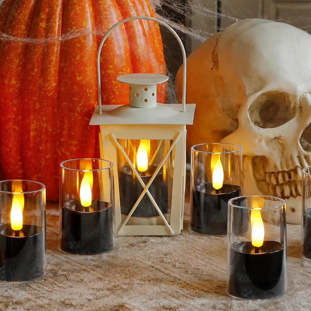 Flameless D: 1.7" H: 2.5" Small Tea Light LED Candles, Clear Acrylic Battery Operated Votive with Remote Control and Timer, Tealight Black Flickering Warm Light Pack of 8 Electric Halloween