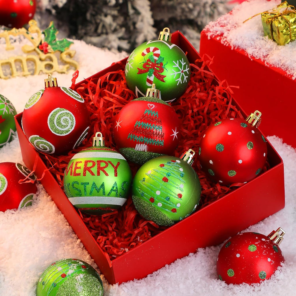 Lanpn 30 Pcs Outdoor Christmas Ornaments, 2.4" Mini Xmas Tree Elf Swirl Ball Decoration, Red Green Christmas Ornament Set, Glittering String Ball Plastic Hanging Decor for Lawn Yard Holiday Party