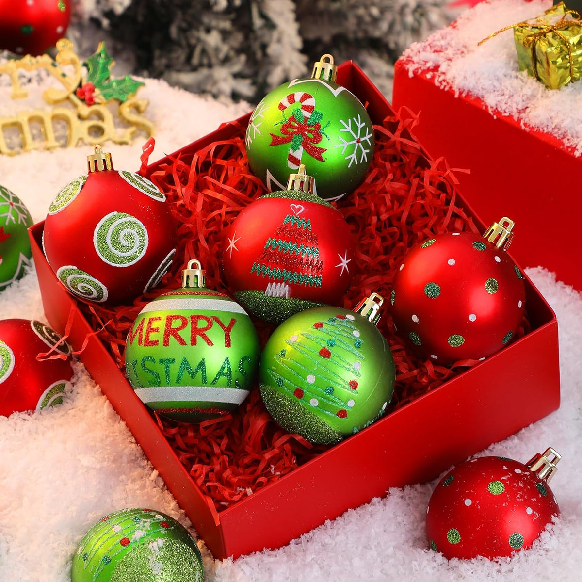 Lanpn 30 Pcs Outdoor Christmas Ornaments, 2.4" Mini Xmas Tree Elf Swirl Ball Decoration, Red Green Christmas Ornament Set, Glittering String Ball Plastic Hanging Decor for Lawn Yard Holiday Party