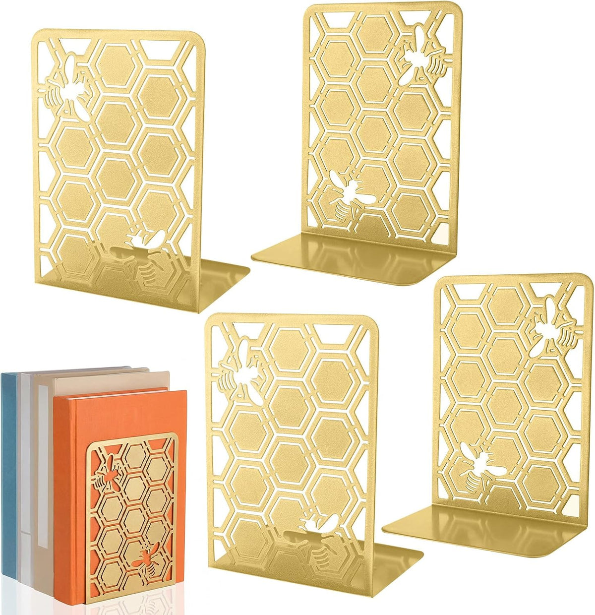 Chunful 6 Pack Gold Metal Honeycomb Bee Bookends Book Stoppers for Shelves