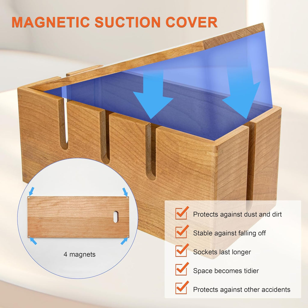 Elitzia Cherry Wood Cable Management Box for Power Strip, Magnetic Lid