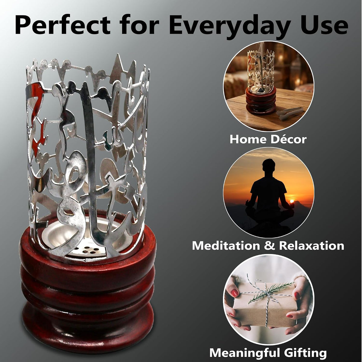 AM Bakhoor Calligraphy Incense Burner - Metalic Resin Cone Holder | Wooden Base | Frankincense Charcoal Burner Mabkhara | Spiritual Gifts for Office & Home Decor (Silver)
