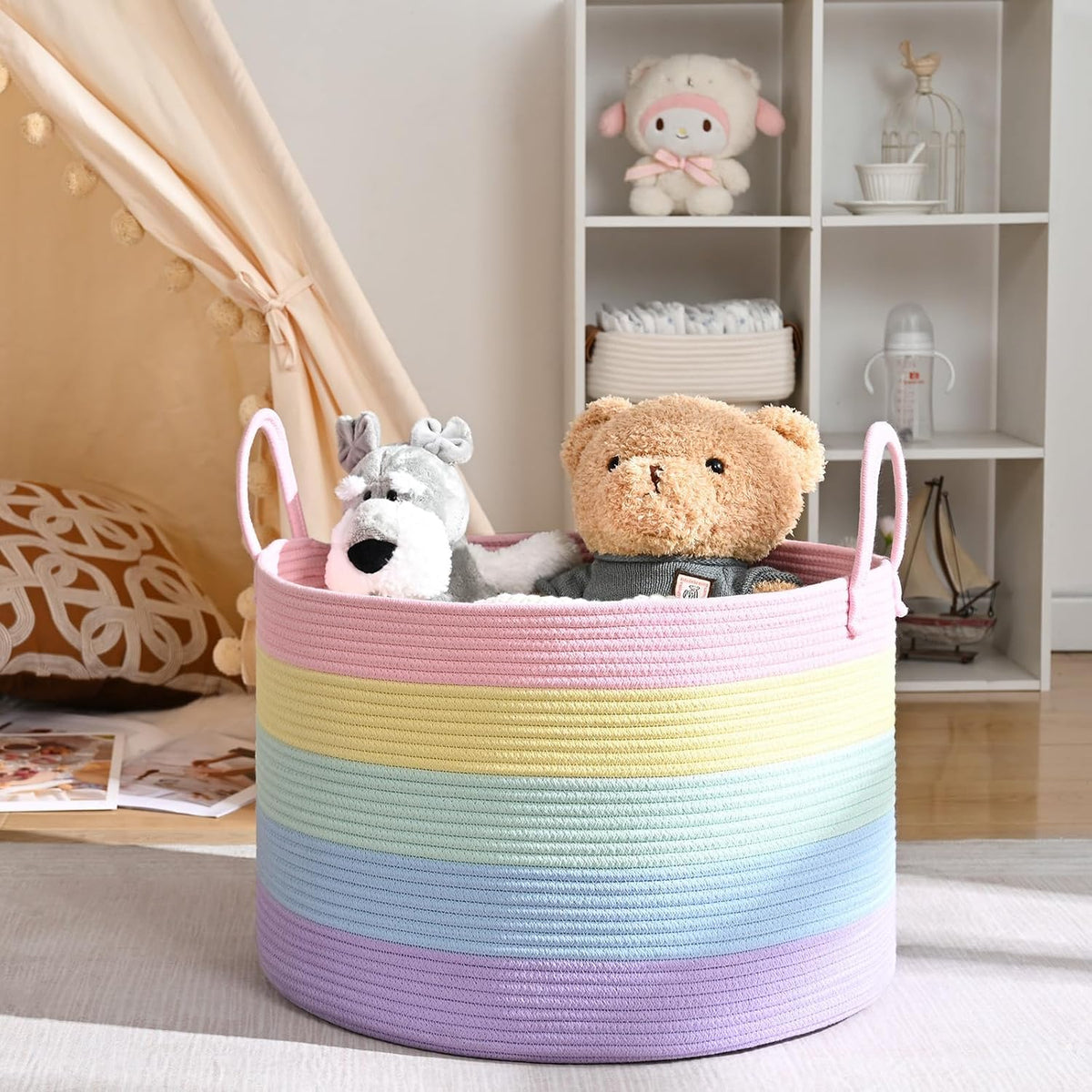 67L Large Rainbow Blanket Basket, Cotton Rope Baby Laundry Hamper with Handles, Kids Toy Basket for Classroom & Nursery, Soft Round Stuffed Animal Storage, Dog Toy Bin - 20"x13", Light Rainbow