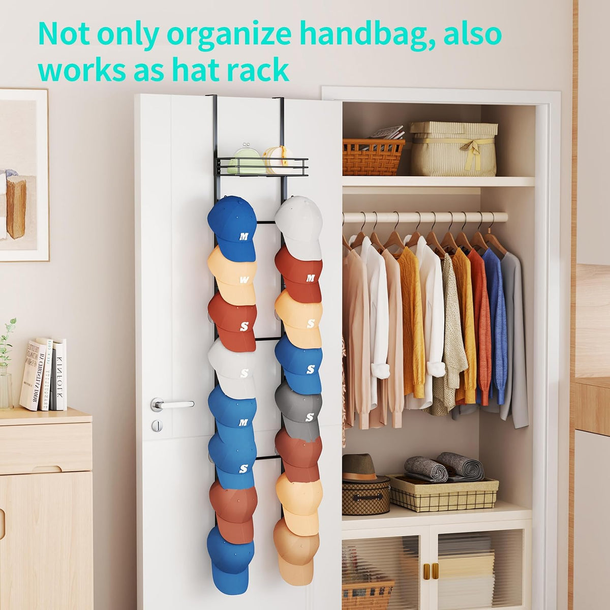 HapiRm Over the Door Purse Organizer - Wall Mounted Purse Rack with 16 Hooks and Metal Basket, Hanging Handbag Organizer Holds up to 16 Bags, Bag Rack Can Use As 1/2 Part, for Door, Closet (Black)