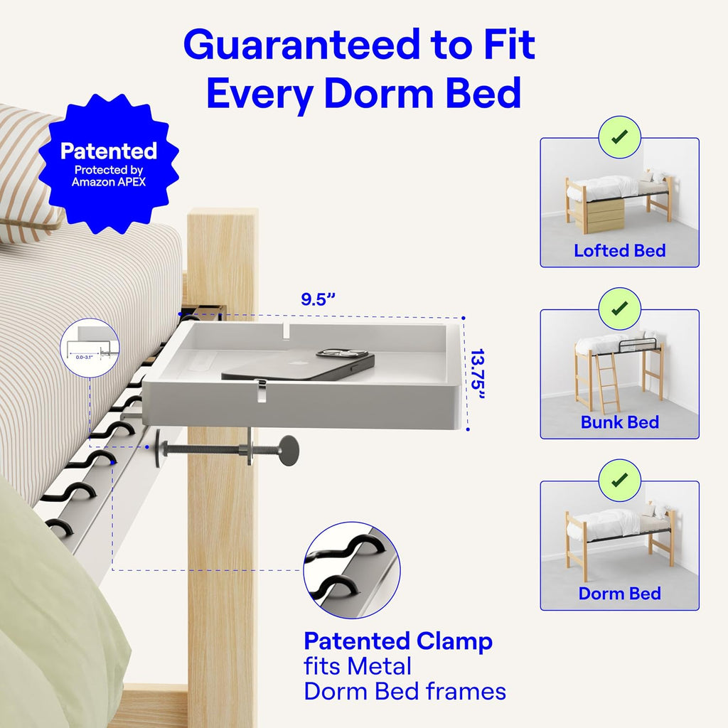 BedShelfie Wood Bedside Shelf for Dorm Room - White