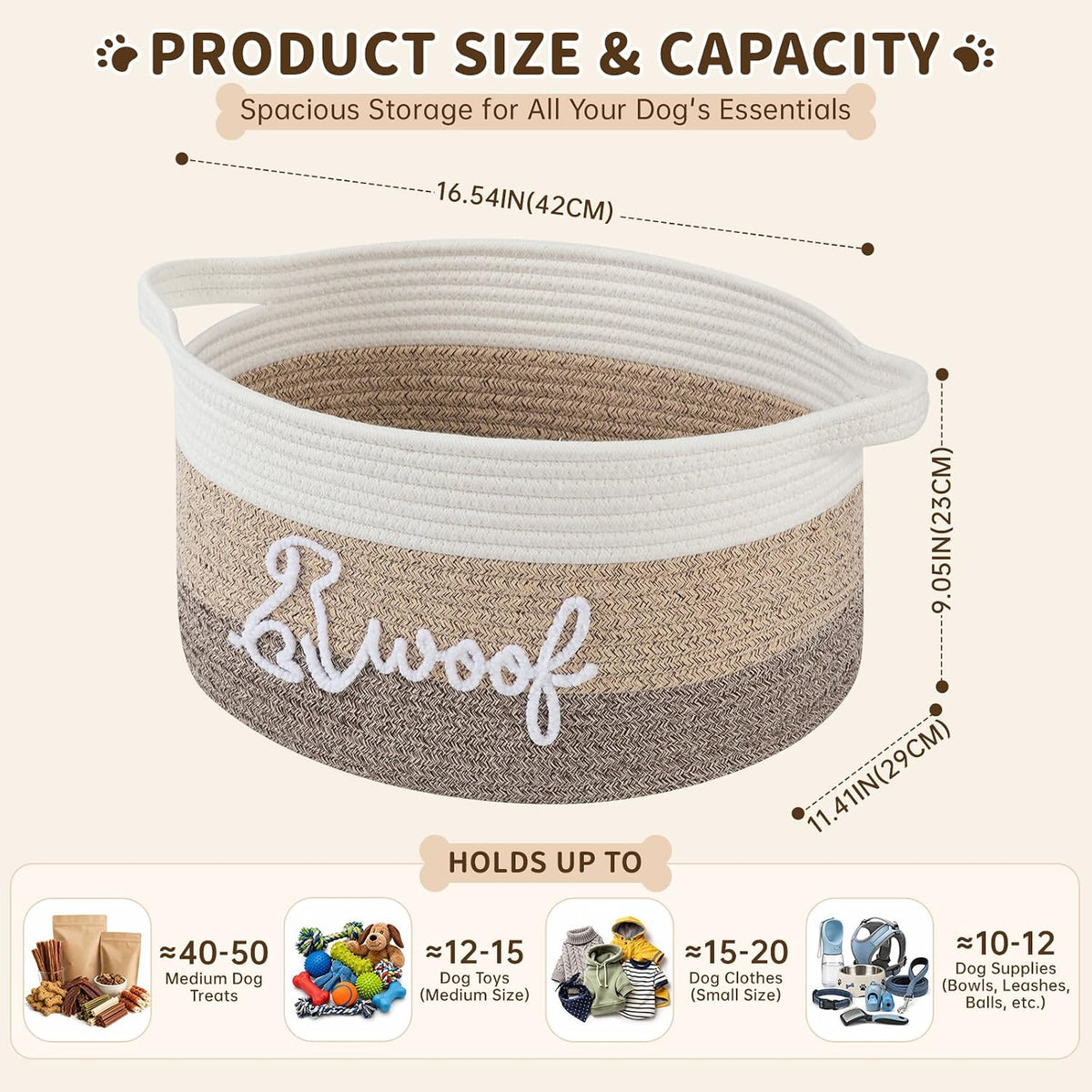 OIAHOMY 22L Large Dog Toy Basket, 16.5"x11.4"x9" Cotton Rope Basket with Cute Woof Embroidery, Soft Woven Pet Toy Box with Handles for Blankets, Leashes & Puppy Accessories, Decorative Organizer Brown