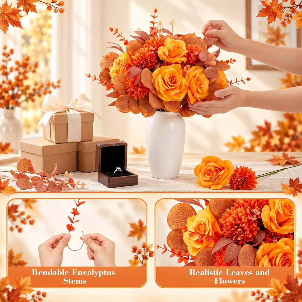 Yinder 120 Pcs Orange Artificial Eucalyptus Stems and Faux Flowers, Fall