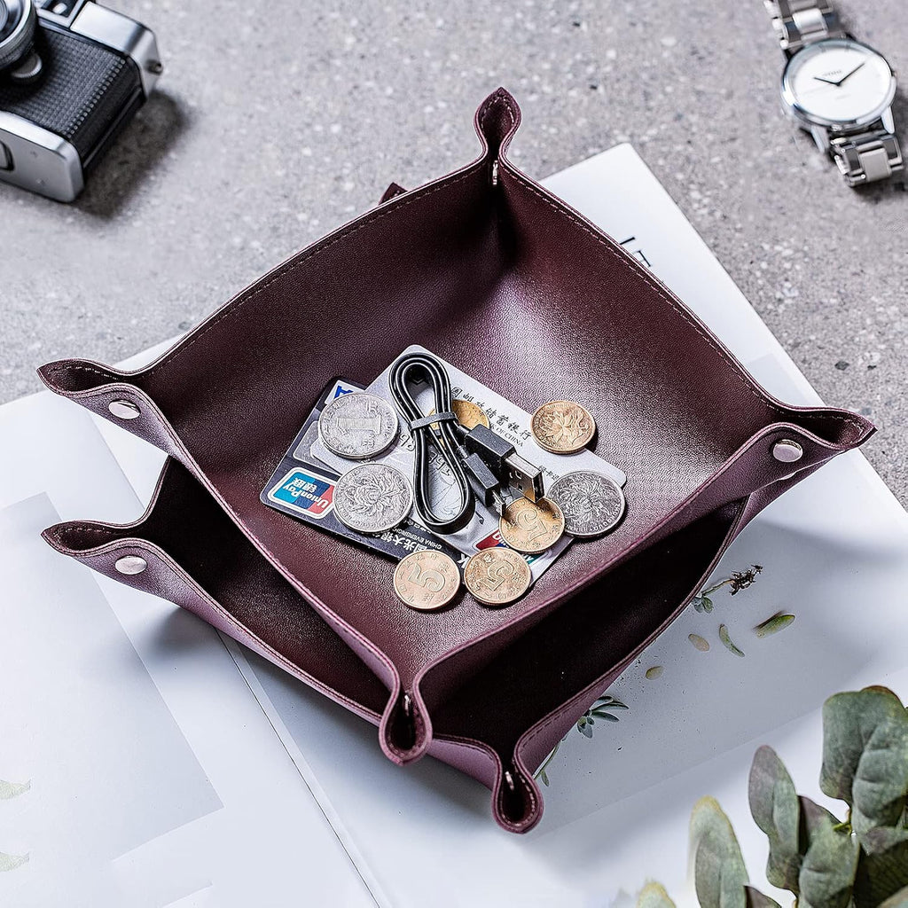 Leather Jewelry Valet Tray for Women and Man, Portable Entryway Table Tray Bedside Nightstand Desk Tray Small Catchall Travel Dish Plate for Key,Wallet,Watch,Coin(8x8, Deep Brown-B)