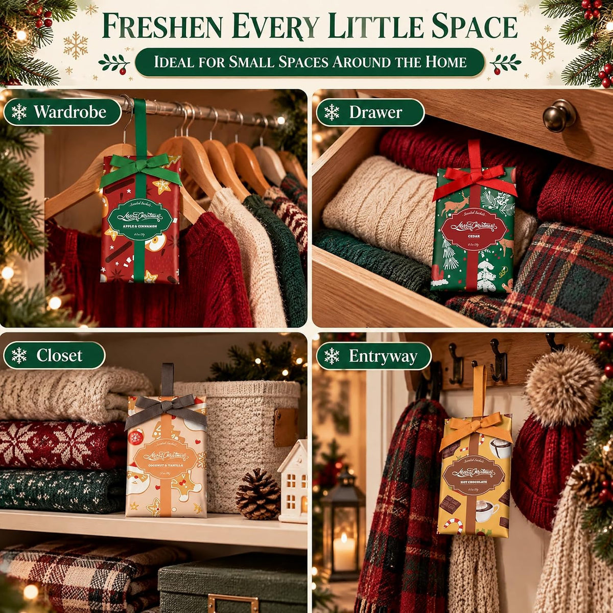 STRN Christmas Scented Sachets, 6 Large Hanging Sachet for Drawer & Dresser