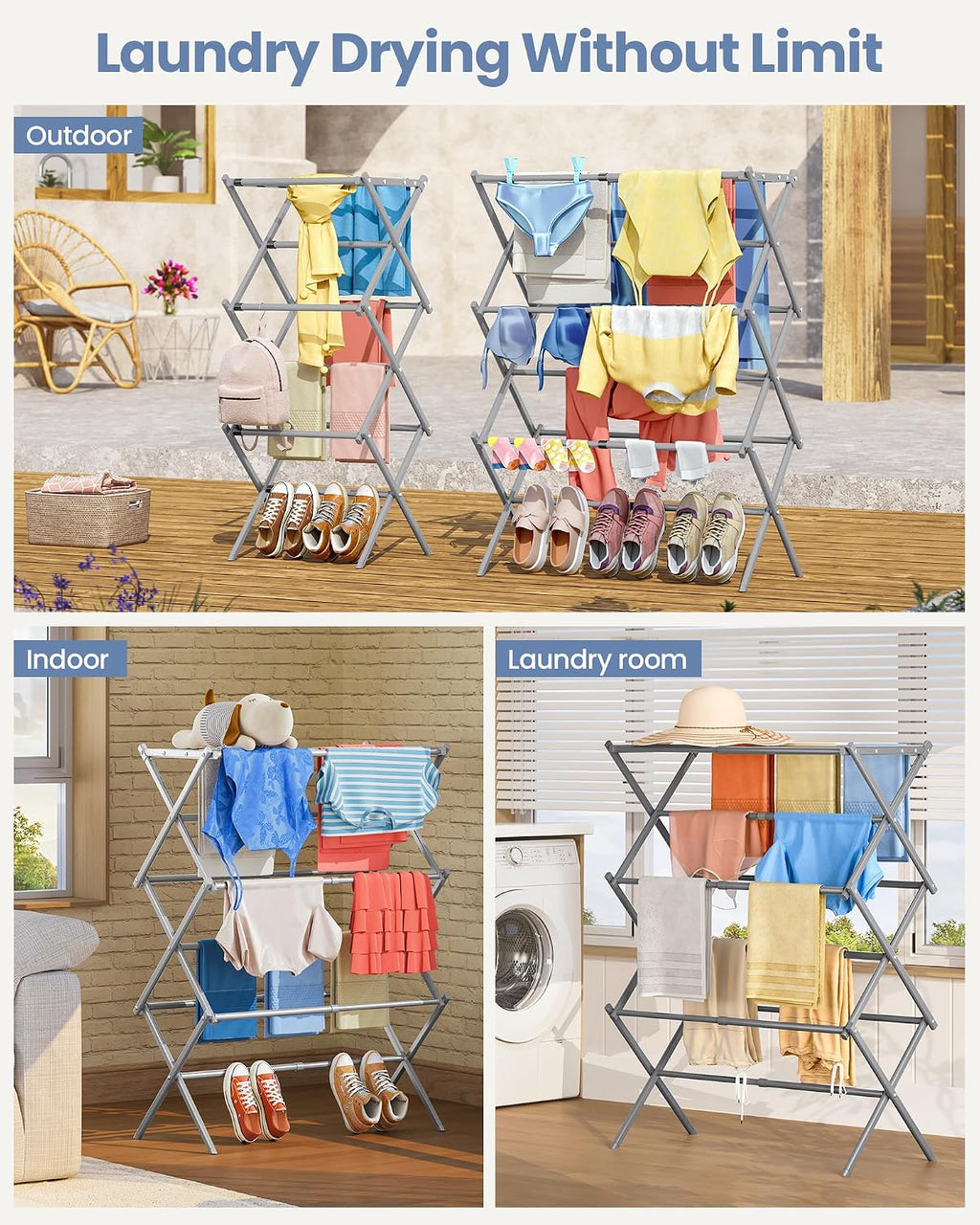 APEXCHASER Oversize 3-Tier Clothes Drying Rack, No Assembly, Grey