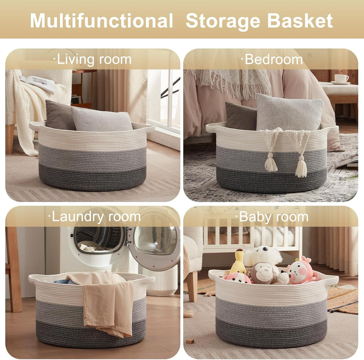 OIAHOMY 105L Extra Large Blanket Basket - Decorative Cotton Rope Storage Basket for Bedroom, Living Room & Nursery - Woven Laundry Hamper for Organizing Blankets, Clothes & Toys - Gradient Grey