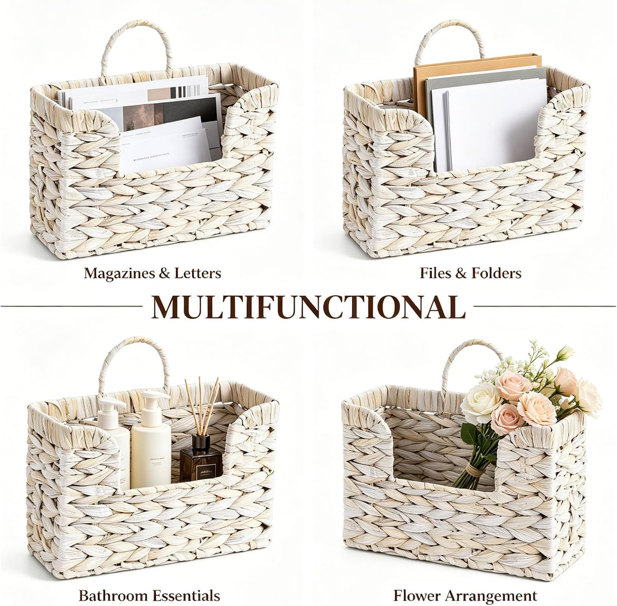 Hanging Magazine Basket, Woven Wall Magazine Holder Organizer with Handle for Mail, Files, Books - Water Hyacinth Farmhouse Storage Rack for Bathroom, Kitchen, Office (1, White)