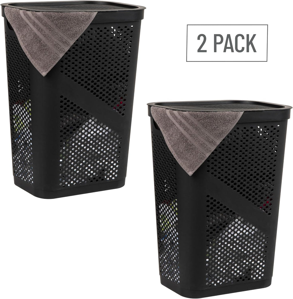 Mind Reader Slim Laundry Hamper with Lid, 60L Ventilated Clothes Baskets, Tapered Design for Bathrooms, Closets, Plastic, Set of 2, Black