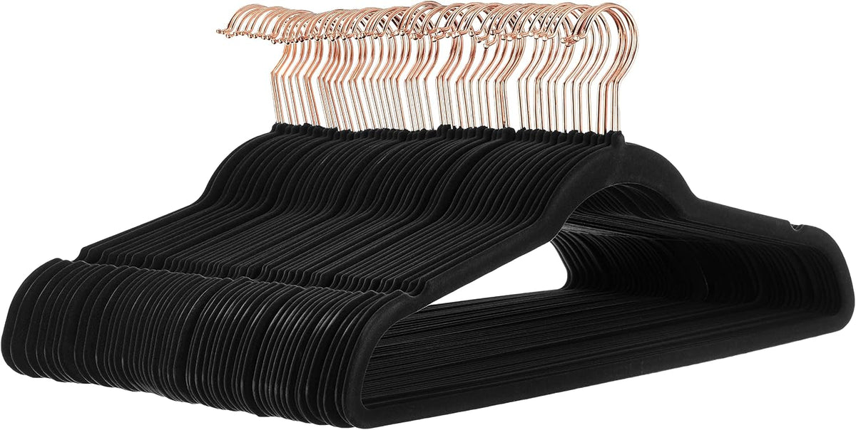 Amazon Basics Slim Velvet Non-Slip Space Saving Suit Clothes Hangers for Closet Organization, Black/Rose Gold, 50-Pack