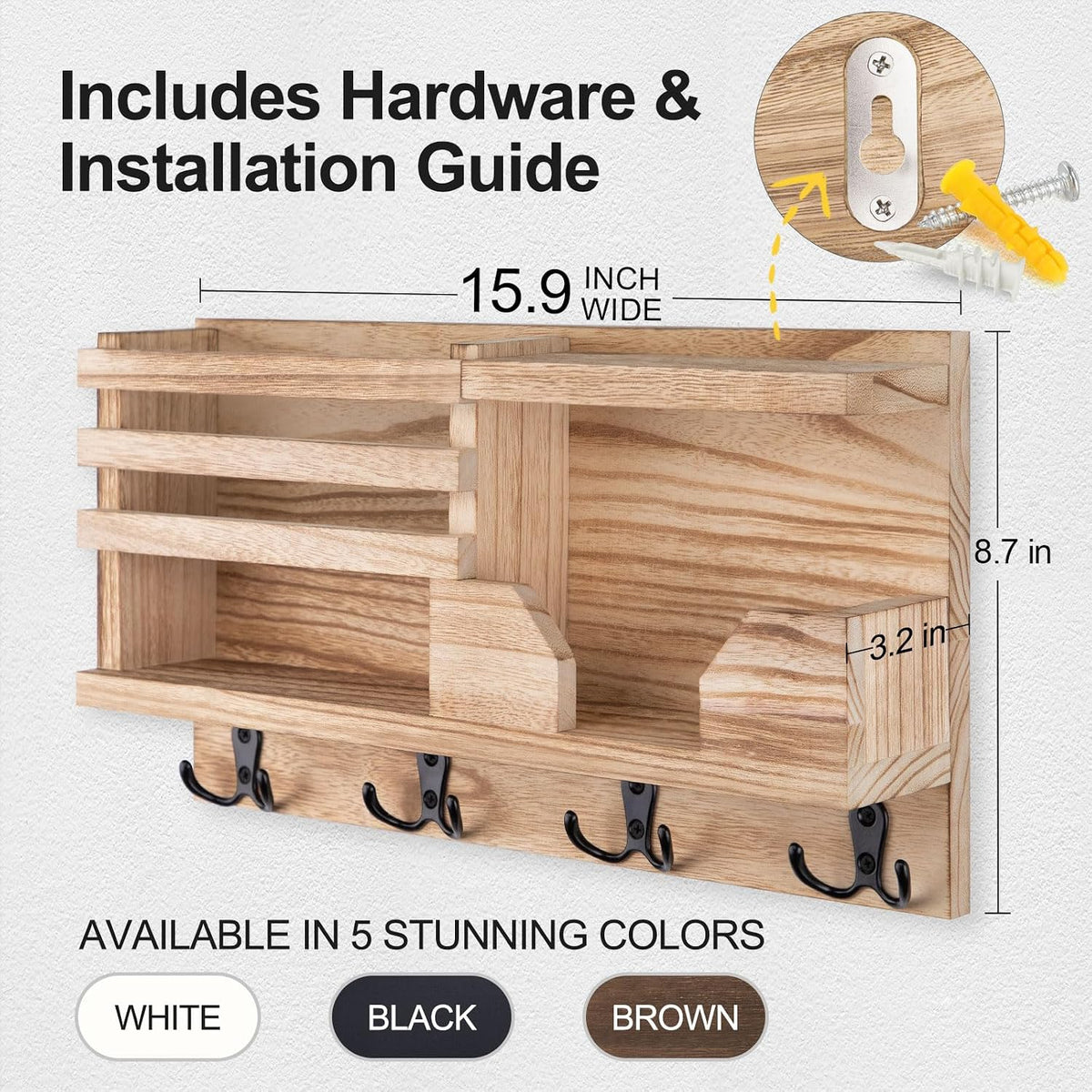 Lwenki Mail and Key Holder for Wall – Decorative 15.9” x 8.7” x 3.2” Entryway Organizer with Shelf – Paulownia Wood with 4 Dual Hooks Includes Mounting Hardware and Installation Guide (Wood)