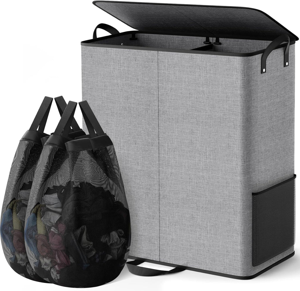 155L 2 Section Laundry Hamper with Lid, Laundry Basket, Gray