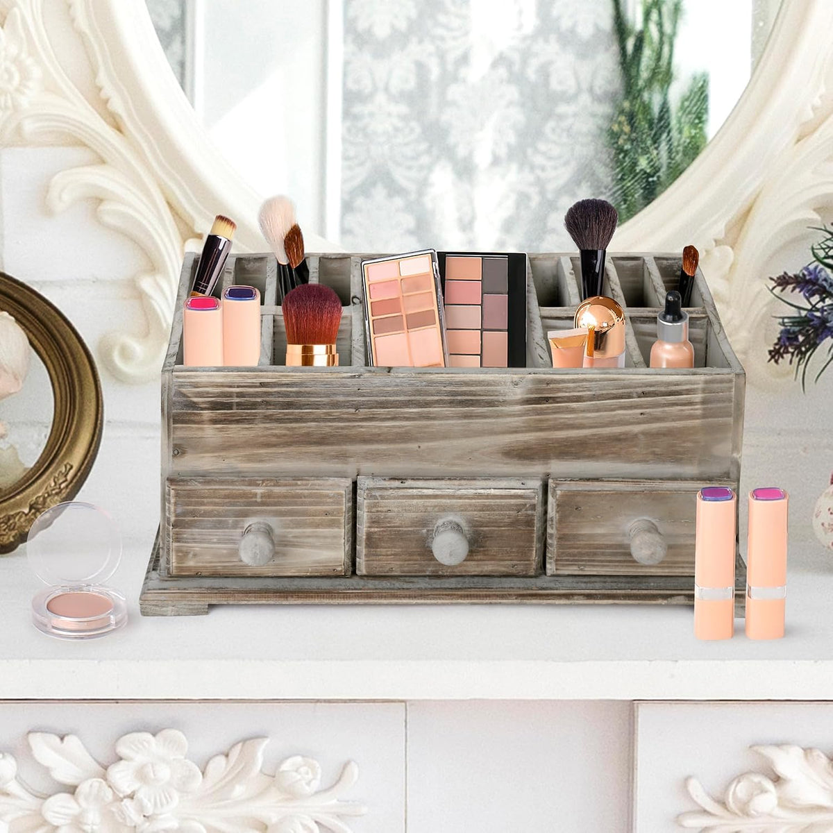 Besti Rustic Vanity Organizer for Cosmetics, Makeup, and Bathroom Accessories, Wooden Farmhouse Storage Box with 3 Drawers, Vintage Countertop, Dresser, or Desk Organization