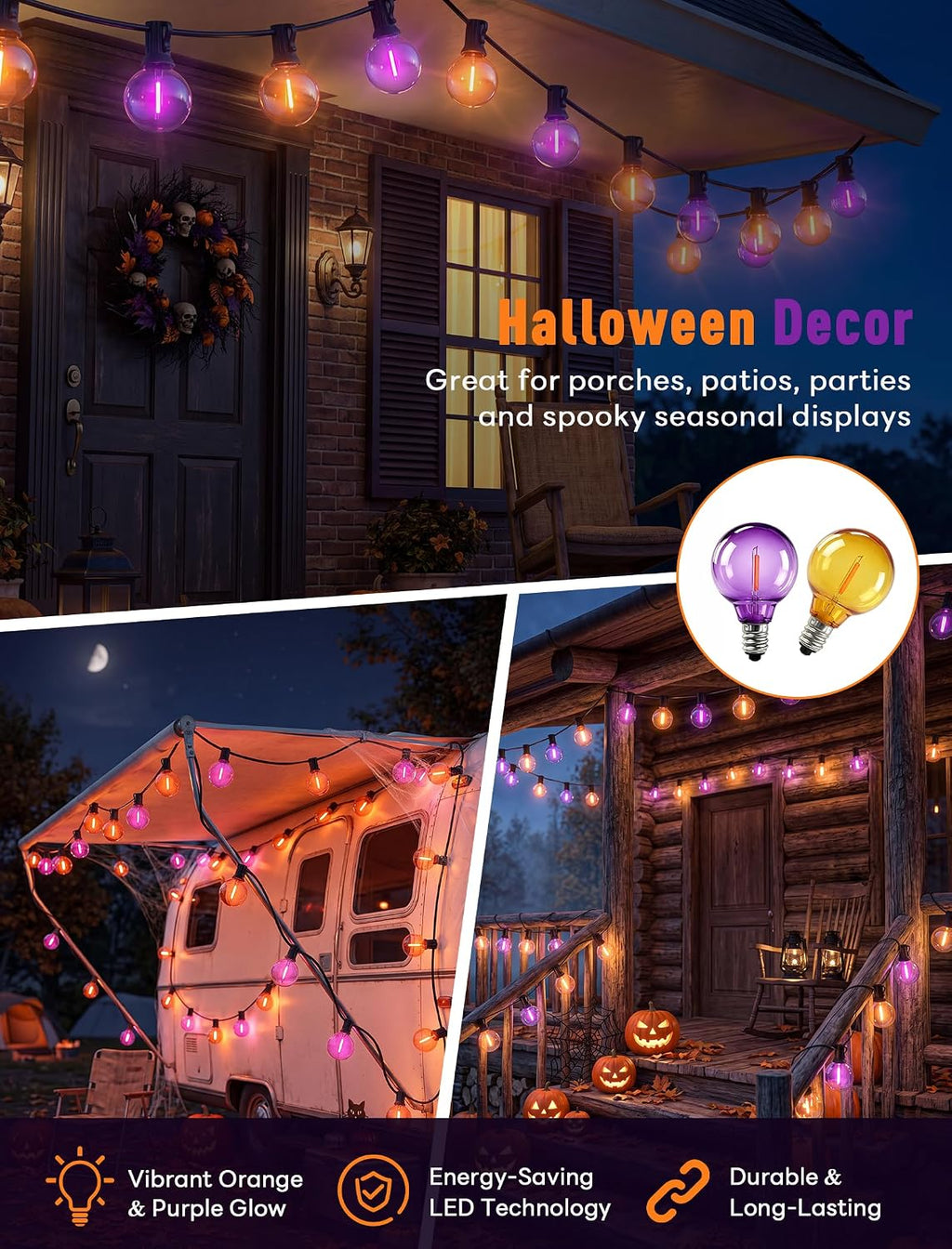 Abeja G40 Purple Orange LED Replacement Bulbs, 0.6W Halloween Bulb Shatterproof Waterproof Outdoor String Lights Bulb for Indoor Outdoor Halloween Patio String Lights, 25 Pack
