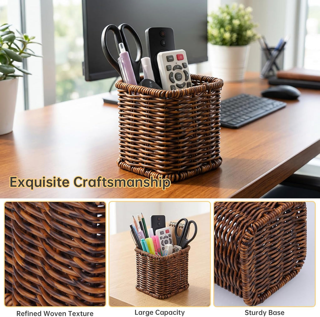 NiHome Dark Brown Remote Caddy, Bedside Remote Control Holder, Synthetic Rattan Organizer for TV Remotes, Makeup Brushes & Office Supplies, Stylish Remote Holder for Table, Living Room