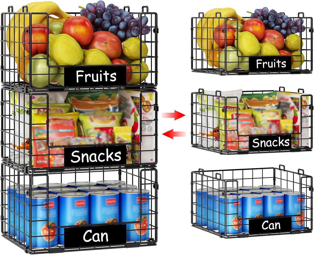3 Pack XL Stackable Wire Baskets with Handle, Pantry Organizers and Storage