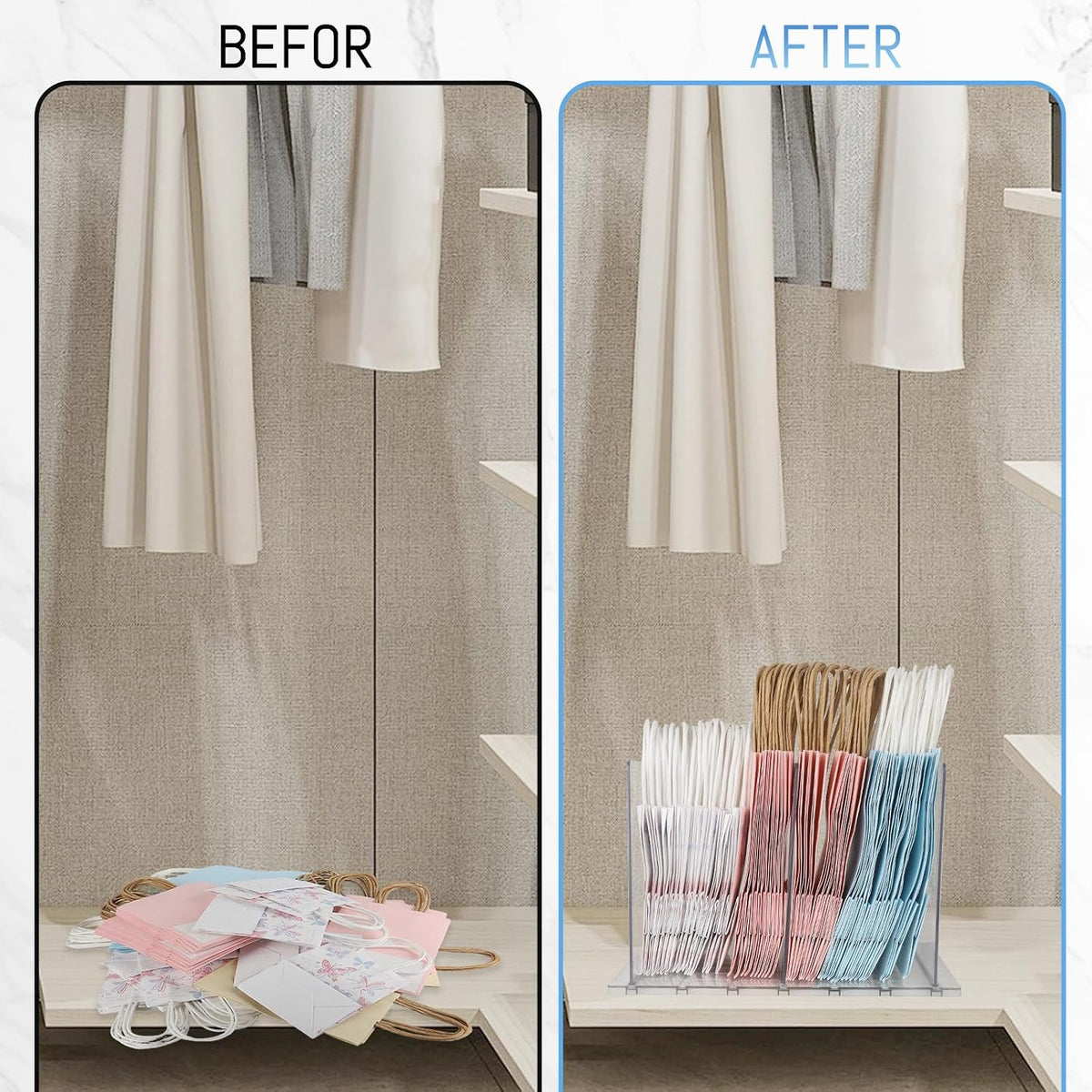 Gift Bag Storage Organizer:Acrylic reusable grocery bag organizer bag, Adjustable Shelf Divider Bag Organizer for Small Closet Upgraded to four partitions for more convenient storage