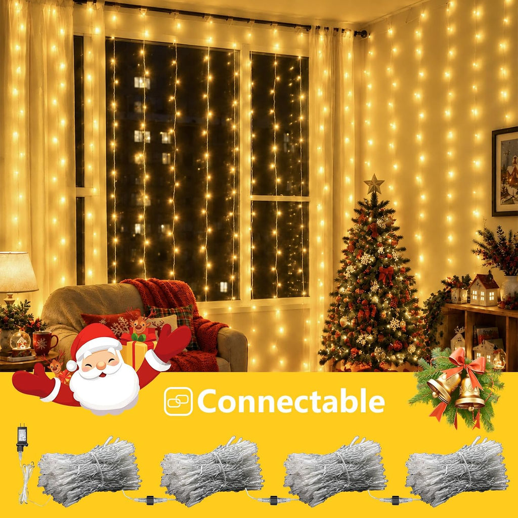 YEGUO 300 LED Warm White Christmas Lights, Curtain Lights Plug in, 8 Modes Hanging String Lights for Bedroom Wall Window Backdrop Indoor Outdoor Party Xmas Decorations-9.8x9.8ft