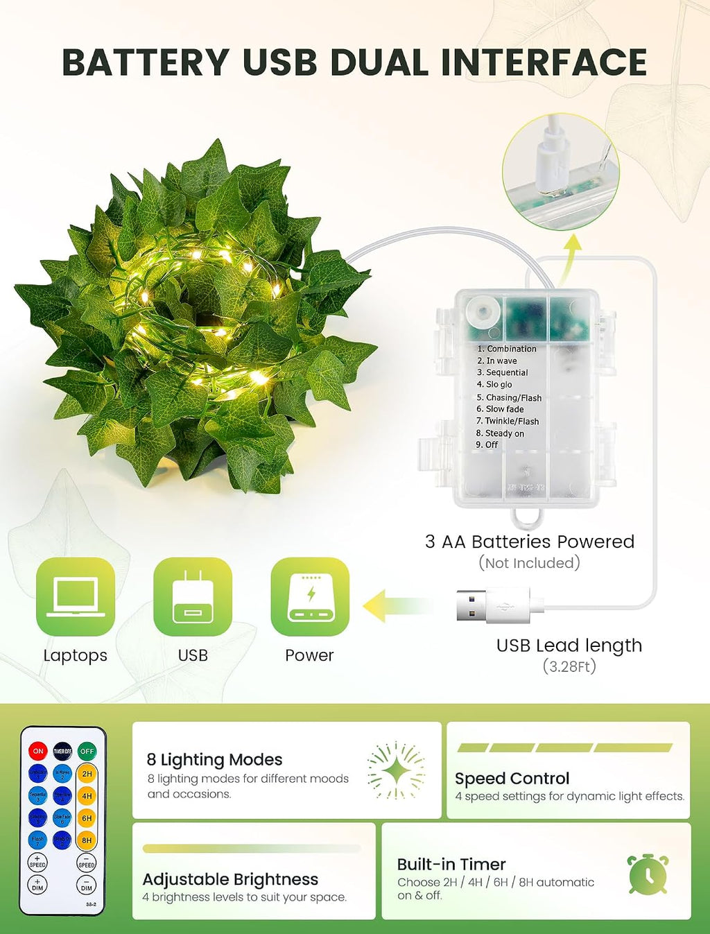 woohaha Ivy Vine with Fairy Lights USB & Battery