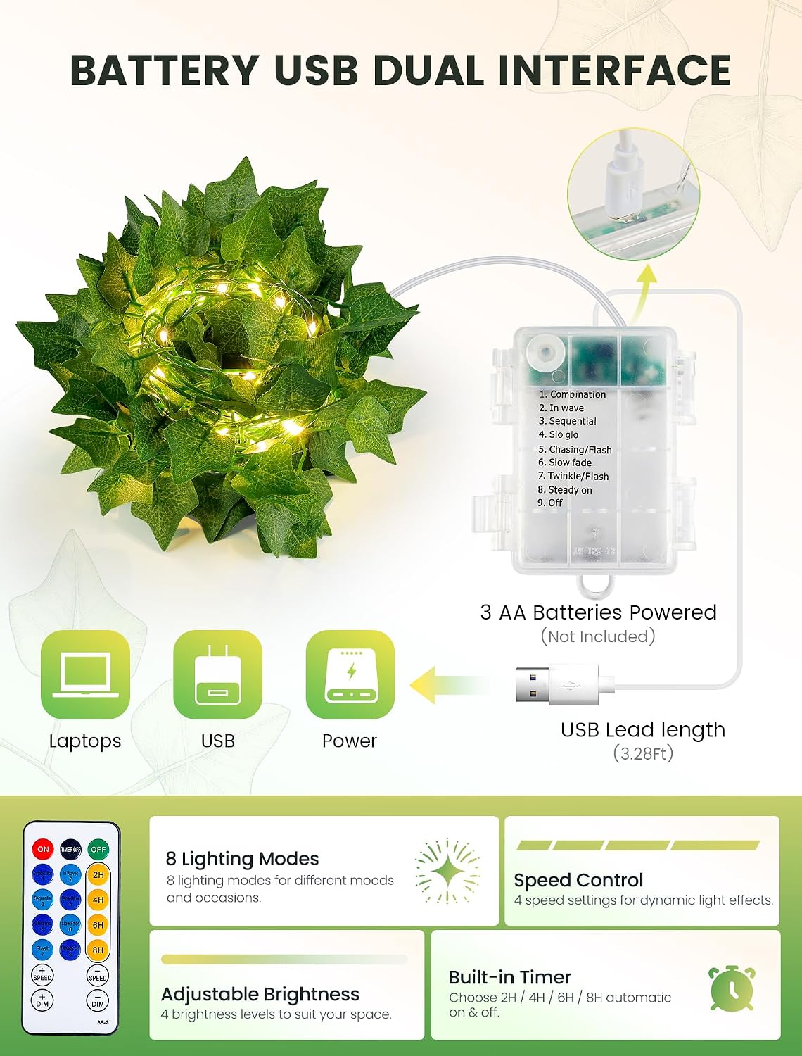 woohaha Ivy Vine with Fairy Lights USB & Battery