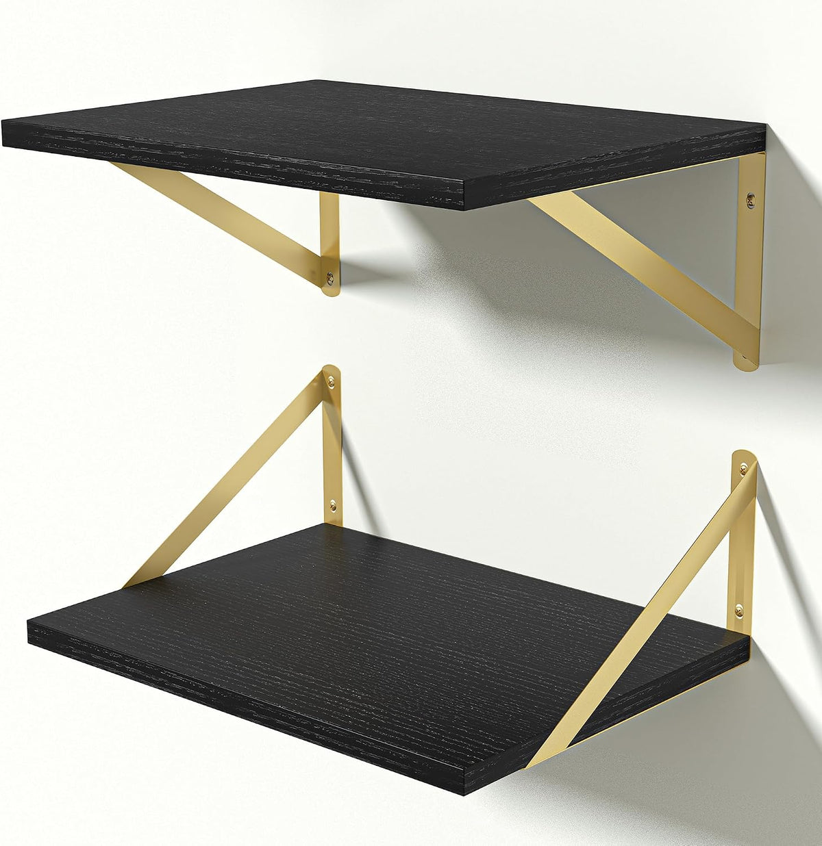 Heimlove 12 Inch Deep Black Floating Shelves，Wood Wall Shelves 16" W x 12" D Set of 2,Wall Mounted Shelves for Living Room, Bedroom, Kitchen, Bathroom,Closet and Decor Storage，Gold Bracket