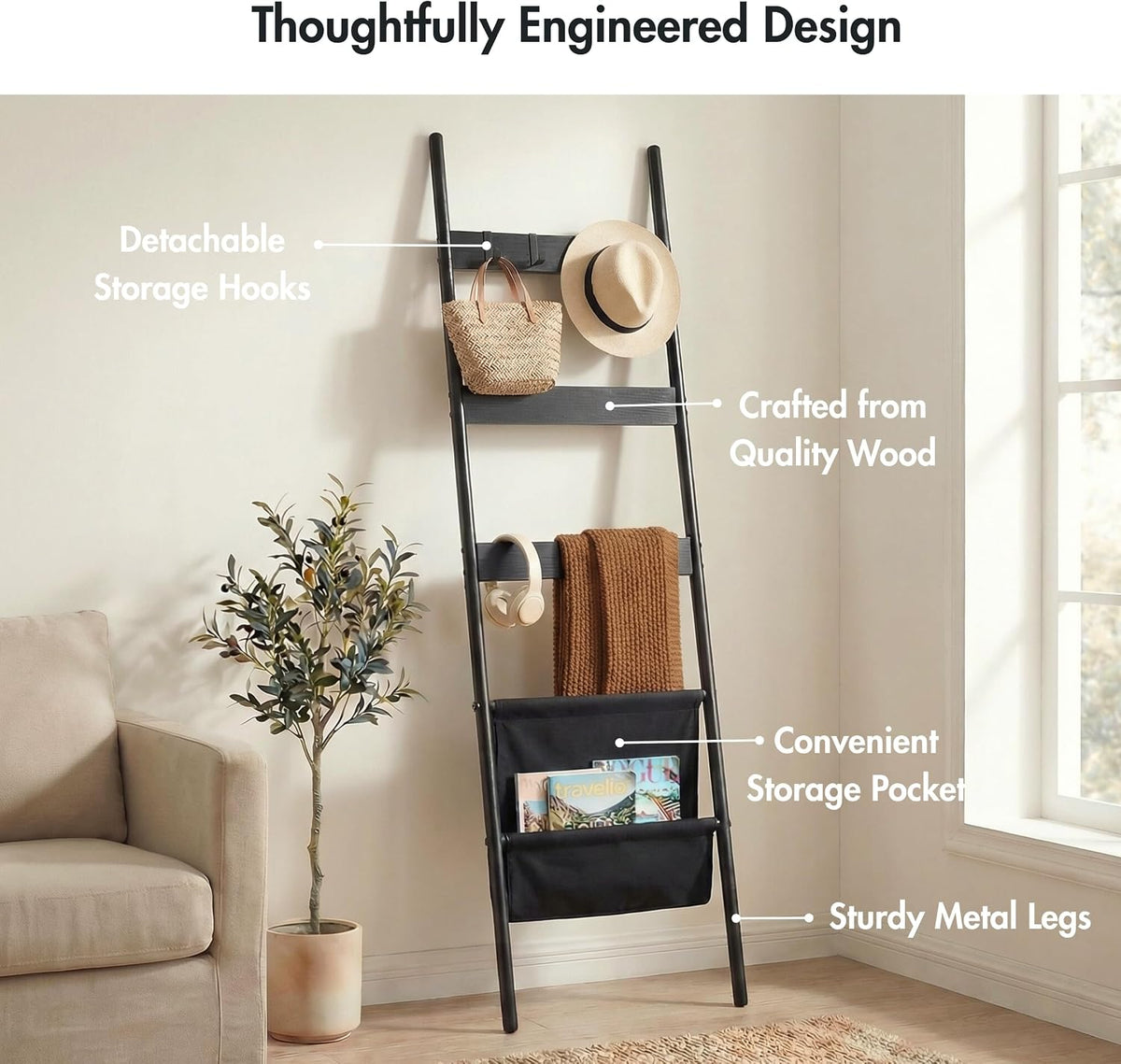 Blanket Ladder, 5 Tier Towel Rack, Wall-Leaning Blanket Rack for Living Room, Decorative Ladder with 4 Hooks and Magazine Pocket 17.3" L x 63" H - Black