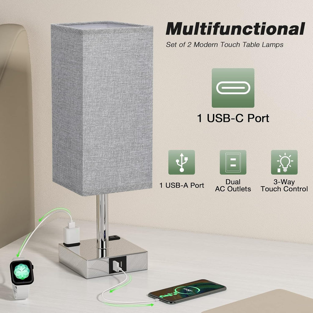 Light Grey Touch Lamps Set for Bedroom - Dimmable, USB C+A, 2 AC Outlets