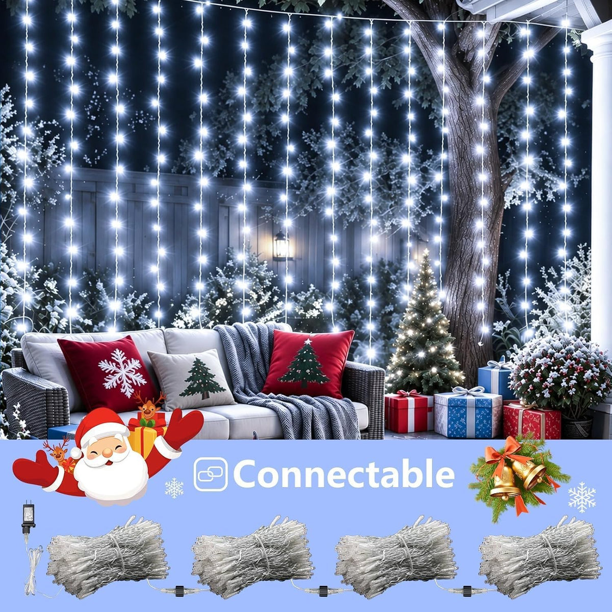 YEGUO 300 LED White Christmas Lights, Curtain Lights Plug in, 8 Modes Hanging String Lights for Bedroom Wall Window Backdrop Indoor Outdoor Party Xmas Decorations-9.8x9.8ft