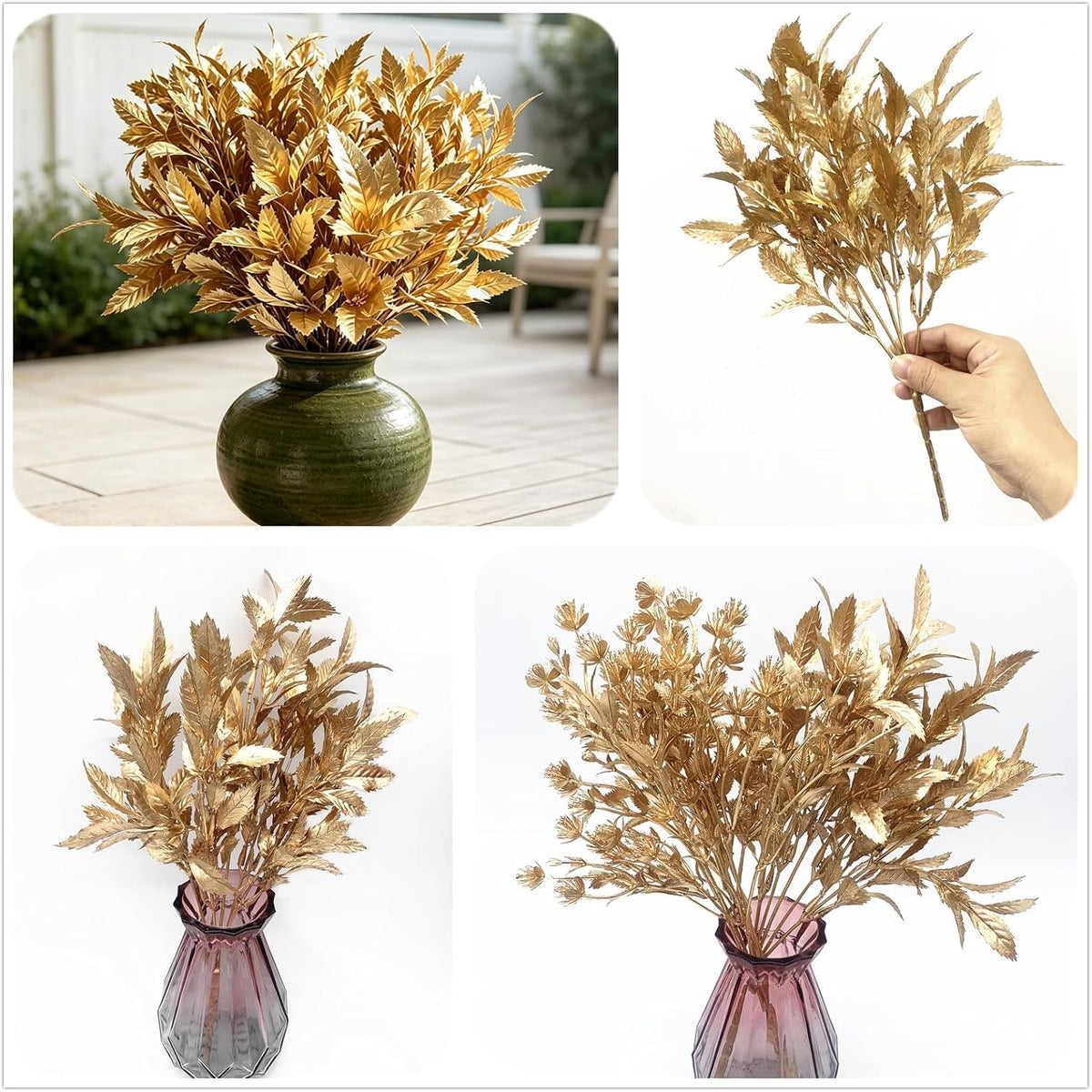 Artificial Golden Leaves Plants, Fake Shrubs Plastic Gold Decoration 4 Pack