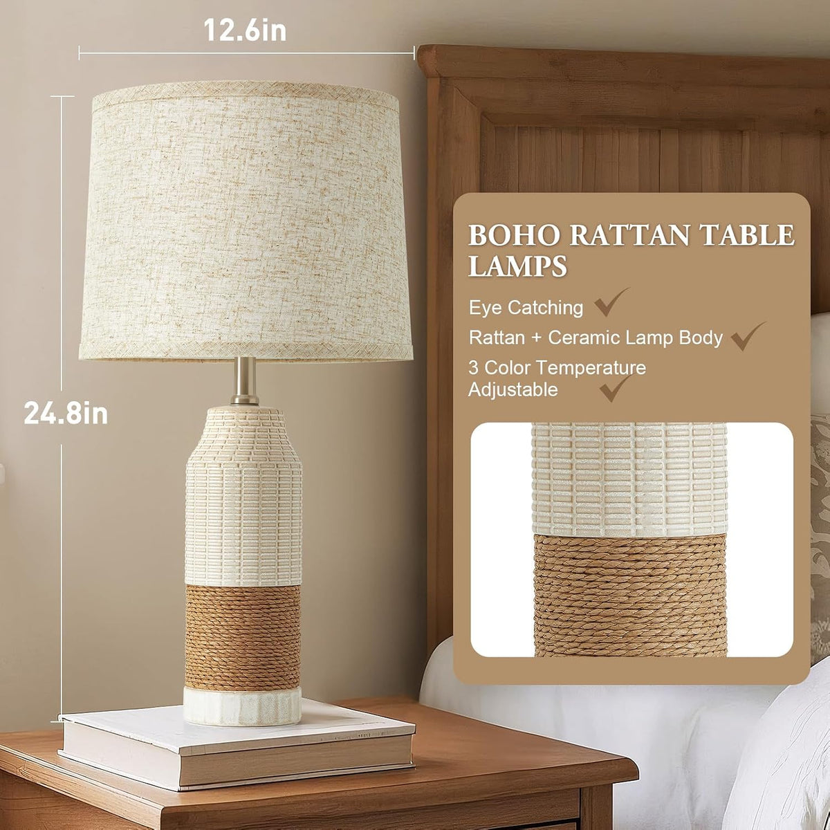 GyroVu Rattan Table Lamps Set of 2, Bedside Lamps for Bedroom Nightstand