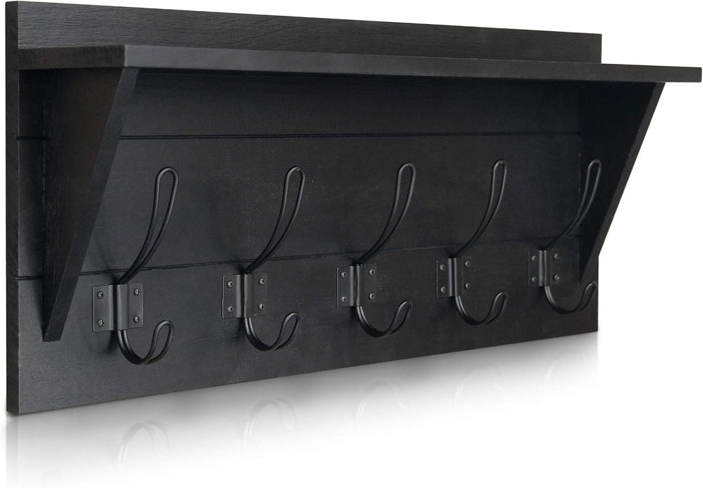 Wall Mounted Coat Rack Shelf, Rustic Wooden Country Style 24" Entryway Shelf with 5 Rustic Hooks featuring Solid Pine Wood. Perfect touch for your Entryway, Mudroom, Kitchen, Bathroom and More, Black