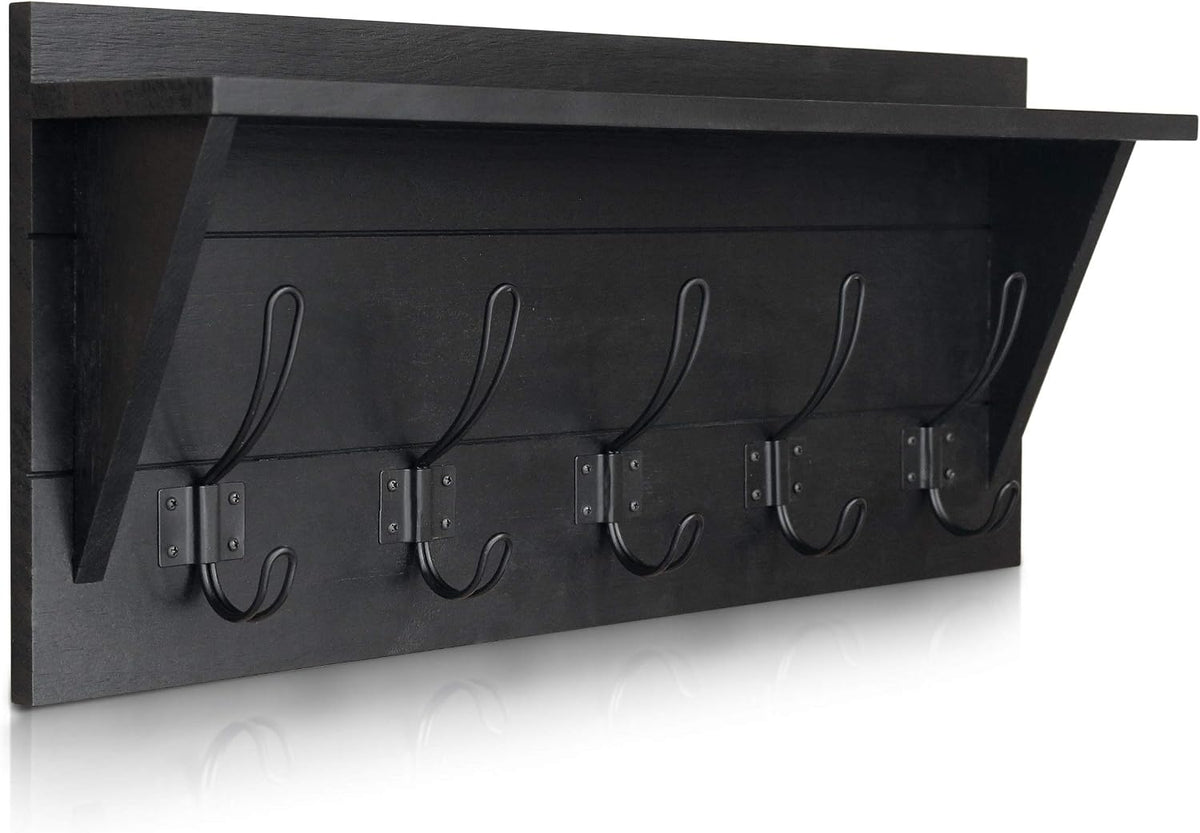 Wall Mounted Coat Rack Shelf, Rustic Wooden Country Style 24" Entryway Shelf with 5 Rustic Hooks featuring Solid Pine Wood. Perfect touch for your Entryway, Mudroom, Kitchen, Bathroom and More, Black