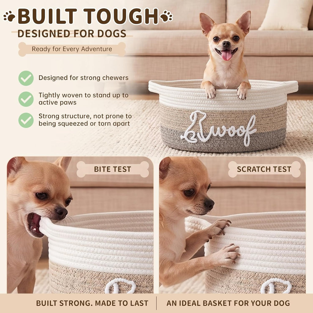 OIAHOMY 22L Large Dog Toy Basket, 16.5"x11.4"x9" Cotton Rope Basket with Cute Woof Embroidery, Soft Woven Pet Toy Box with Handles for Blankets, Leashes & Puppy Accessories, Decorative Organizer Gray