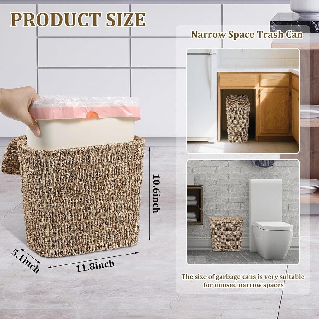 Wicker Waste Basket with Lid and Liner, Woven Seagrass Trash Can, Bathroom Trash Can, Boho Garbage Wastebasket for Bedroom Home Living Room Office Kitchen, 2.5 Gallon
