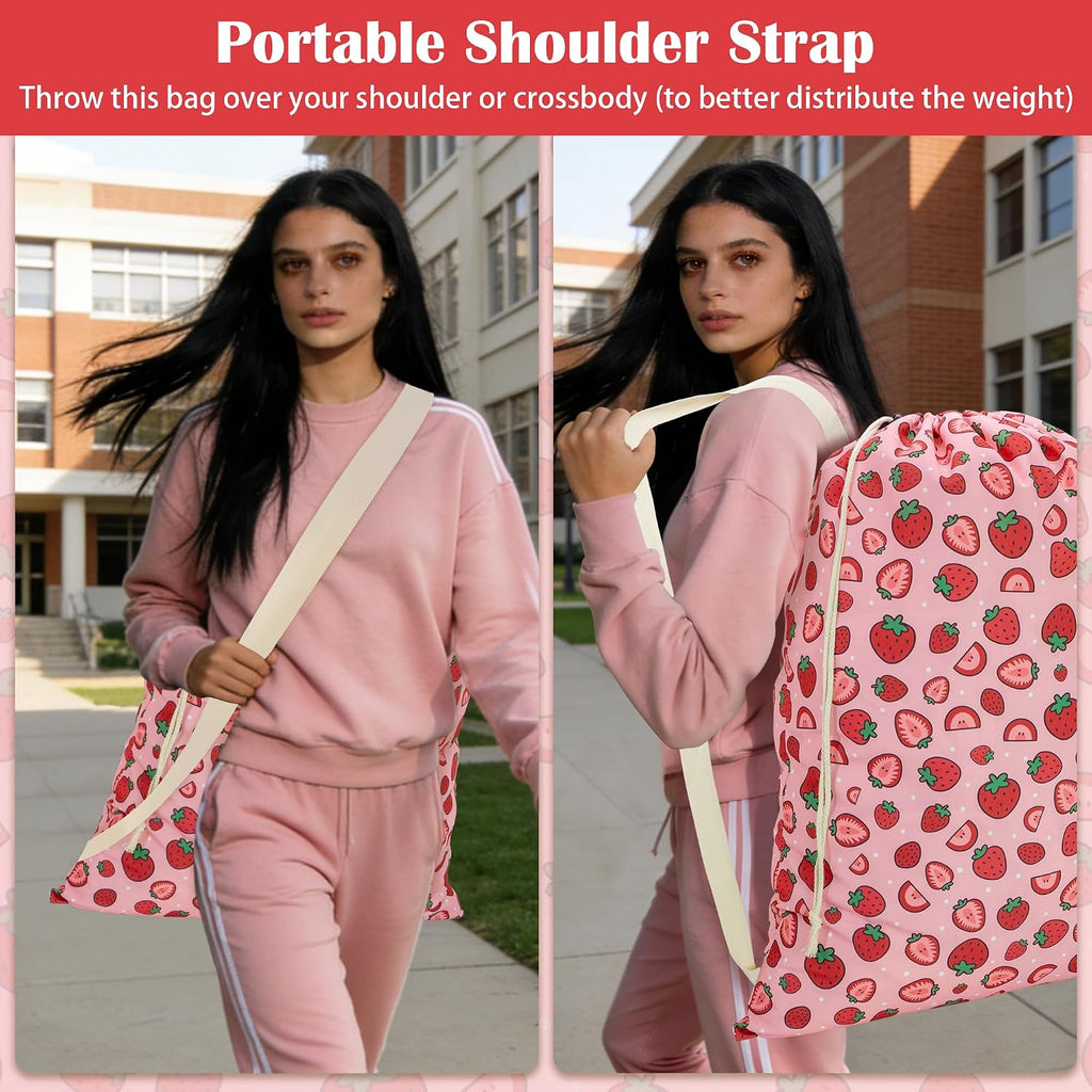 Canvas Laundry Bag with Shoulder Strap Drawstring, Strawberry, 23"W x 29"H