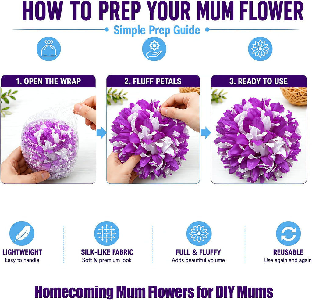 3Pcs Purple and White Homecoming Mum Flowers, 6.5Inch Artificial Mum Flower