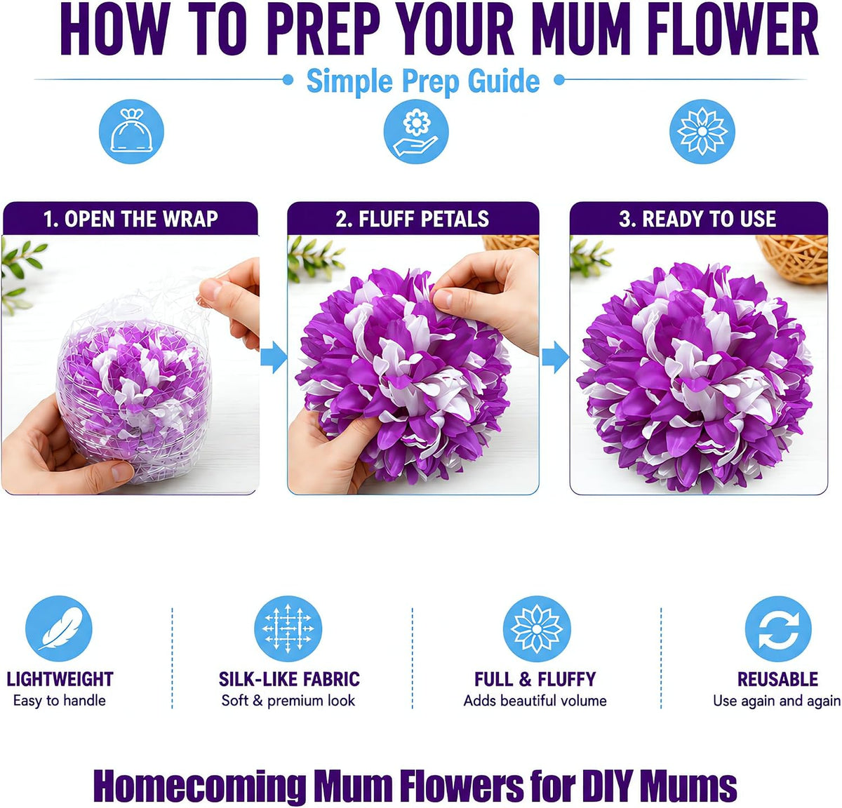 3Pcs Purple and White Homecoming Mum Flowers, 6.5Inch Artificial Mum Flower