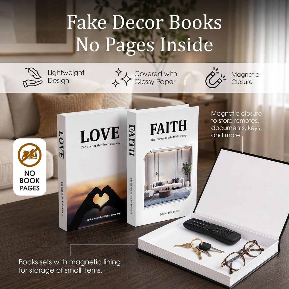 Decorative Faux Books for Home Decor, Fake Books Set of 3, Faith, Love & Hope Themed, Coffee Table, Shelf, Mantle Display