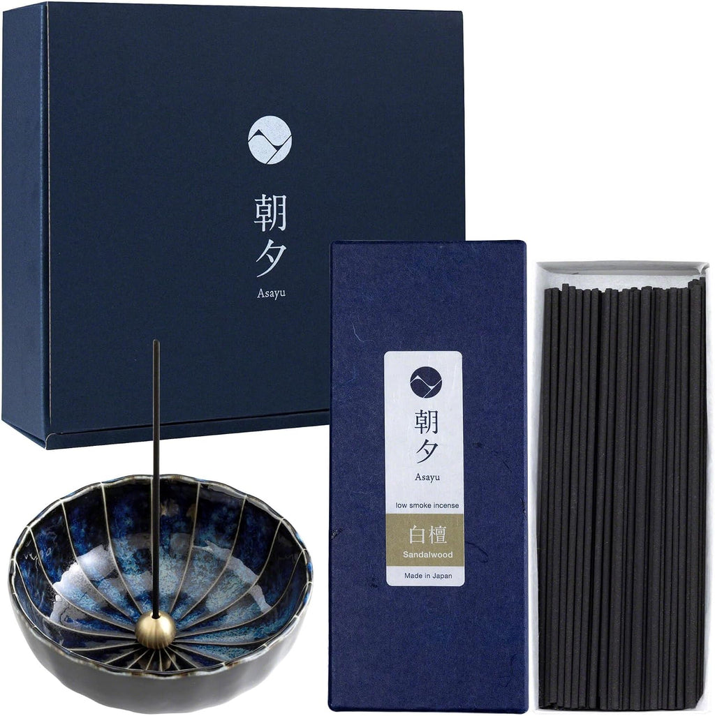 Asayu Japan Sandalwood Incense Gift Set with Navy Blue Lotus Holder