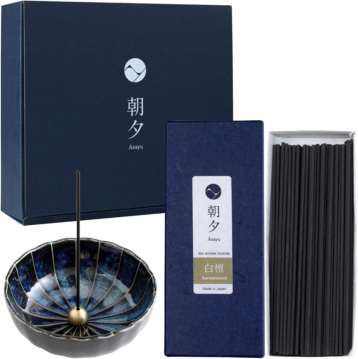 Asayu Japan Sandalwood Incense Gift Set with Navy Blue Lotus Holder